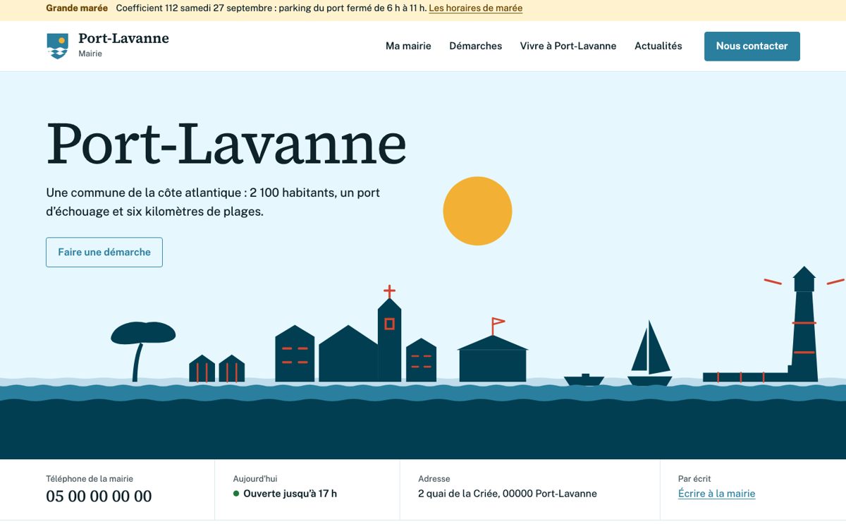 Page d’accueil du gabarit Littoral, version illustrée : silhouette du port, d’un voilier et d’un phare au-dessus de la mer